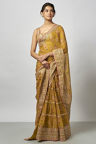 Yellow Organza Layered Floral Saree Set by GOPI VAID