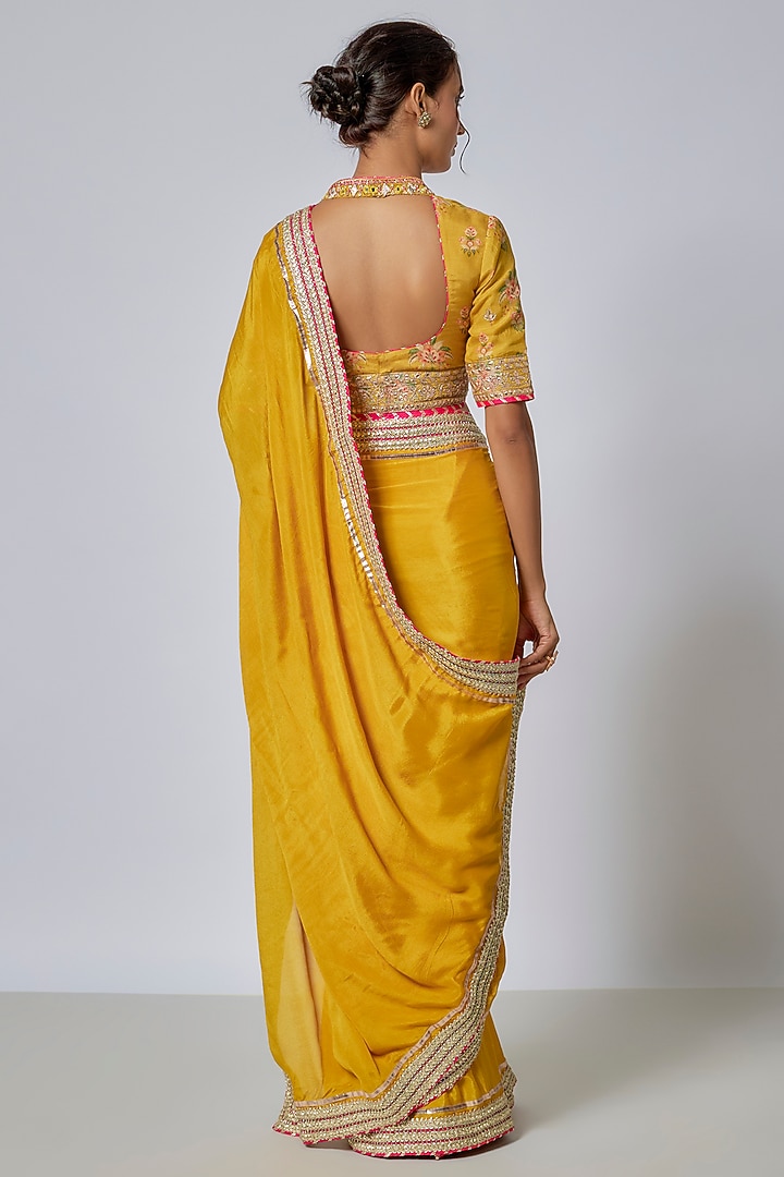 Yellow Chiffon Gold Embroidered Wedding Saree Set by GOPI VAID at Pernia's Pop Up Shop