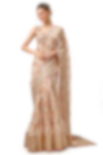 Ivory Organza Floral Jaal Embroidered Frilled Layered Wedding Saree Set by Gopi Vaid at Pernia's Pop Up Shop