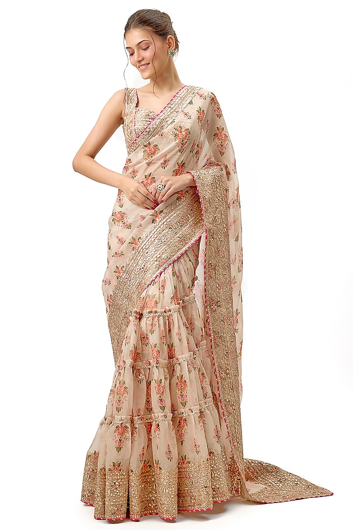 Ivory Organza Floral Jaal Embroidered Frilled Layered Wedding Saree Set by Gopi Vaid at Pernia's Pop Up Shop