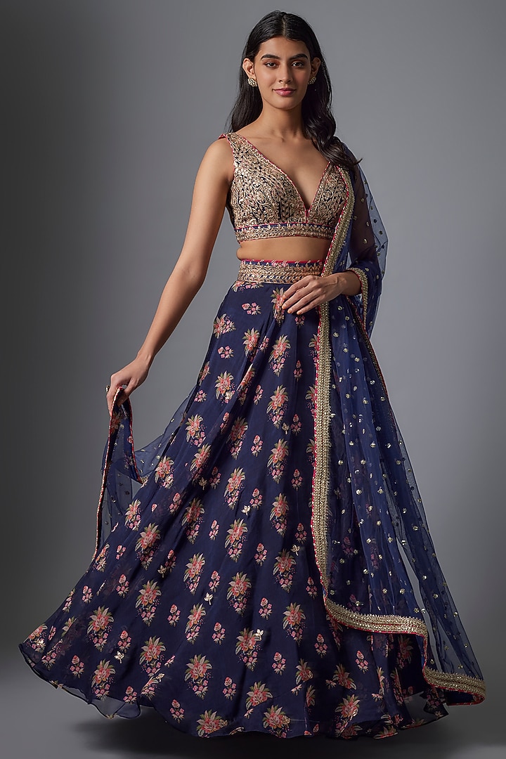 Blue Organza Thread Embroidered Wedding Lehenga Set by GOPI VAID at Pernia's Pop Up Shop