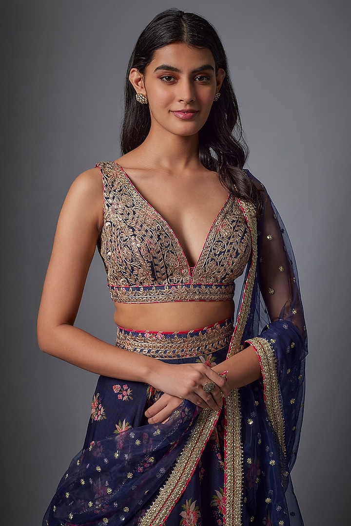 Blue Organza Thread Embroidered Wedding Lehenga Set by GOPI VAID at Pernia's Pop Up Shop