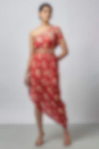 Red Cotton Silk Floral One-Shoulder Party Wear Gown by GOPI VAID at Pernia's Pop Up Shop