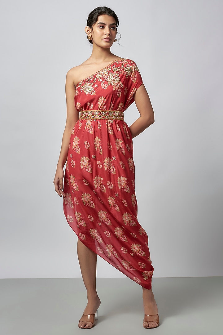 Red Cotton Silk Floral One-Shoulder Party Wear Gown by GOPI VAID at Pernia's Pop Up Shop