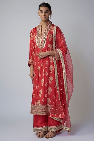 Red Cotton Silk Embroidered Kurta Set by GOPI VAID