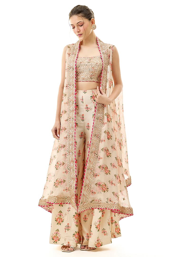 Ivory Organza Printed & Embroidered Cape Set by GOPI VAID at Pernia's Pop Up Shop