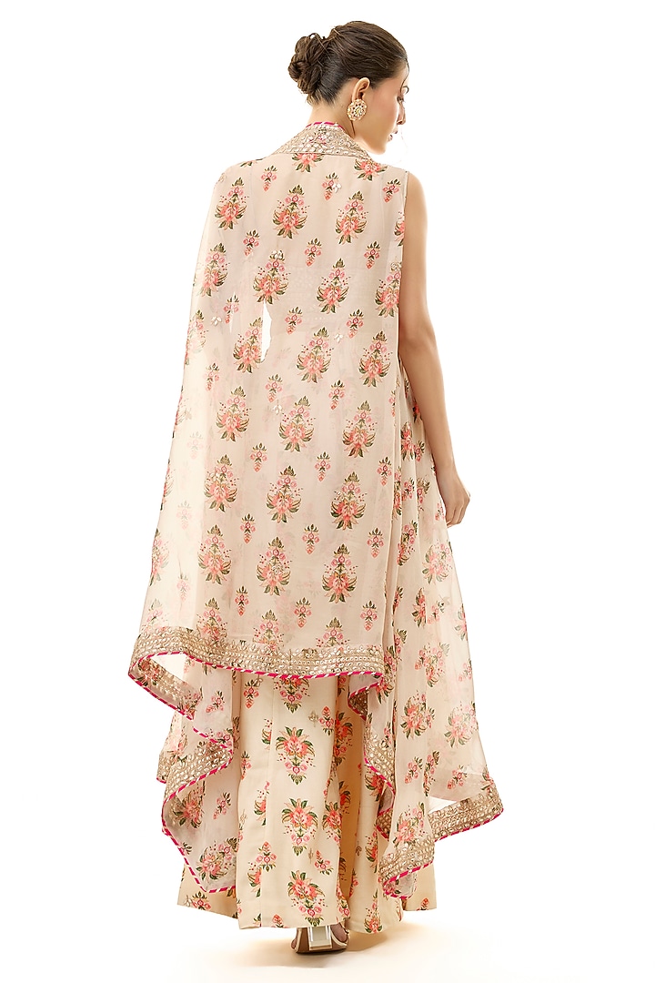 Ivory Organza Printed & Embroidered Cape Set by GOPI VAID at Pernia's Pop Up Shop