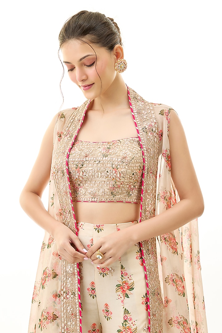 Ivory Organza Printed & Embroidered Cape Set by GOPI VAID at Pernia's Pop Up Shop
