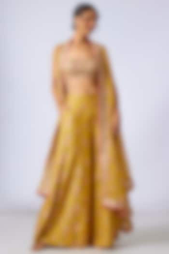 Yellow Cotton Silk Printed & Embroidered Cape Set by GOPI VAID at Pernia's Pop Up Shop