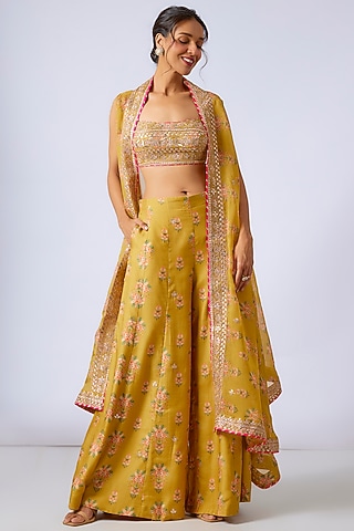 Yellow Cotton Silk Printed & Embroidered Cape Set by GOPI VAID