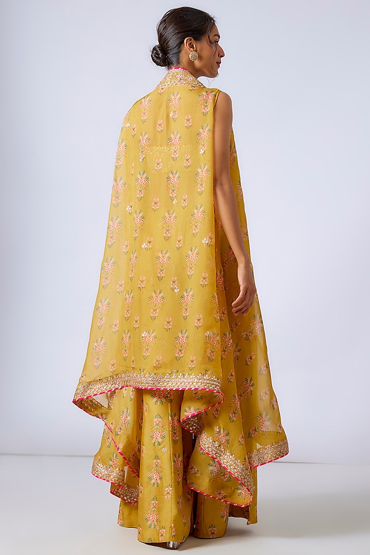 Yellow Cotton Silk Printed & Embroidered Cape Set by GOPI VAID at Pernia's Pop Up Shop