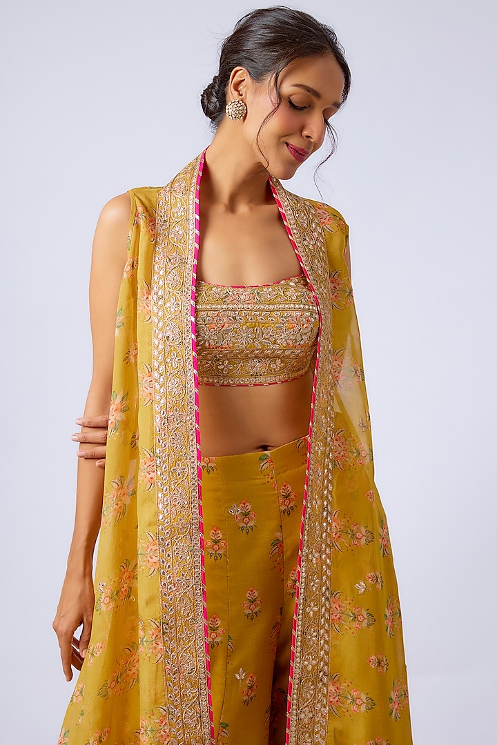 Yellow Cotton Silk Printed & Embroidered Cape Set by GOPI VAID at Pernia's Pop Up Shop
