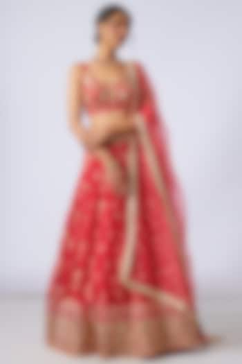 Red Organza Floral Printed & Embellished Wedding Lehenga Set by GOPI VAID at Pernia's Pop Up Shop