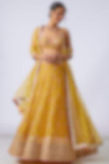 Yellow Organza Floral Printed & Embellished Wedding Lehenga Set by GOPI VAID at Pernia's Pop Up Shop