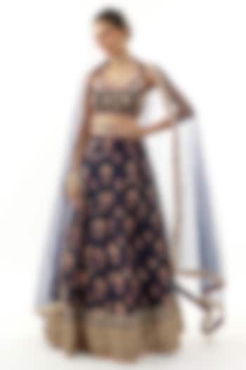 Blue Organza Gota Embellished & Floral Printed Wedding Lehenga Set by Gopi Vaid at Pernia's Pop Up Shop