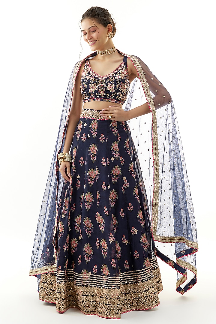 Blue Organza Gota Embellished & Floral Printed Wedding Lehenga Set by Gopi Vaid at Pernia's Pop Up Shop