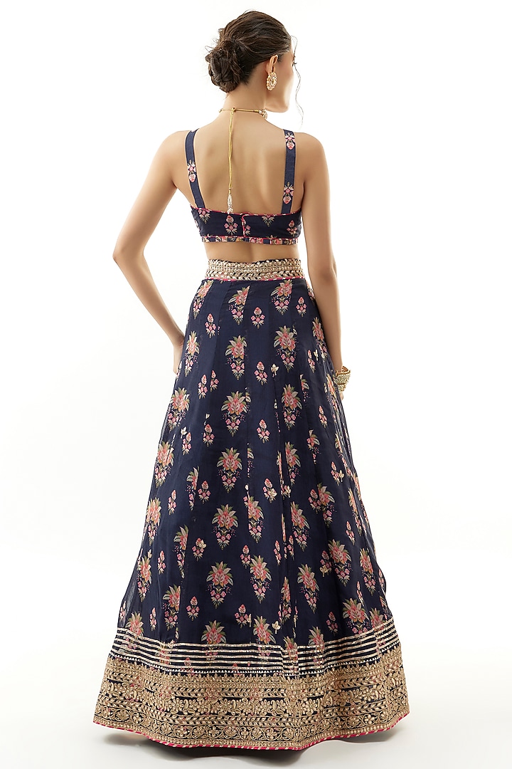 Blue Organza Gota Embellished & Floral Printed Wedding Lehenga Set by Gopi Vaid at Pernia's Pop Up Shop