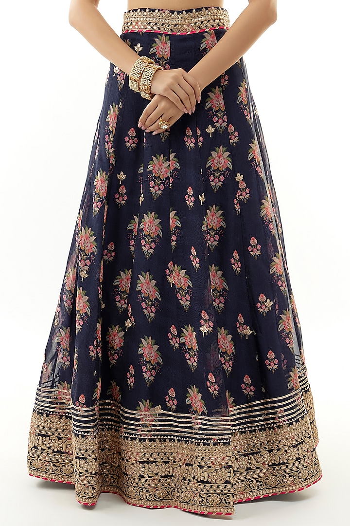 Blue Organza Gota Embellished & Floral Printed Wedding Lehenga Set by Gopi Vaid at Pernia's Pop Up Shop