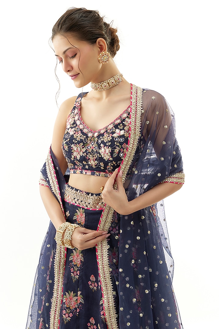 Blue Organza Gota Embellished & Floral Printed Wedding Lehenga Set by Gopi Vaid at Pernia's Pop Up Shop