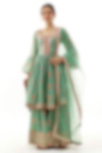 Green Cotton Silk Embroidered Wedding Sharara Set by Gopi Vaid at Pernia's Pop Up Shop