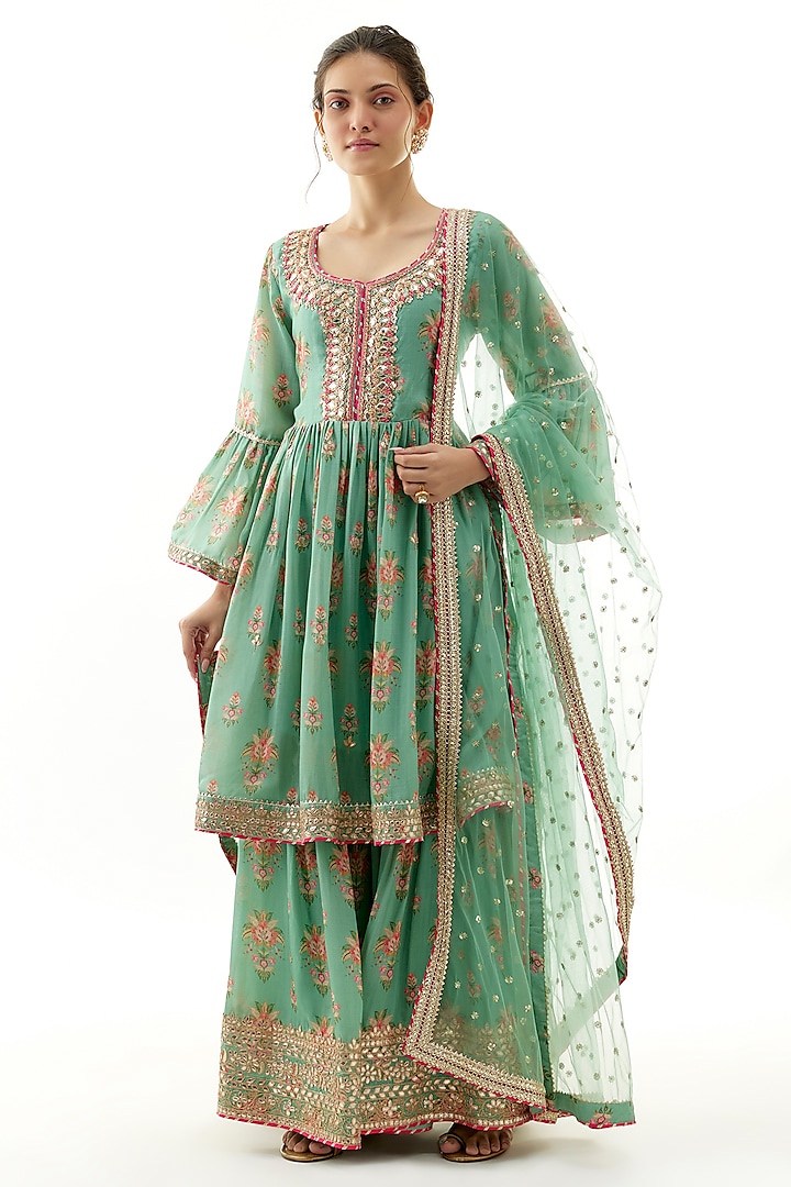 Green Cotton Silk Embroidered Wedding Sharara Set by Gopi Vaid at Pernia's Pop Up Shop