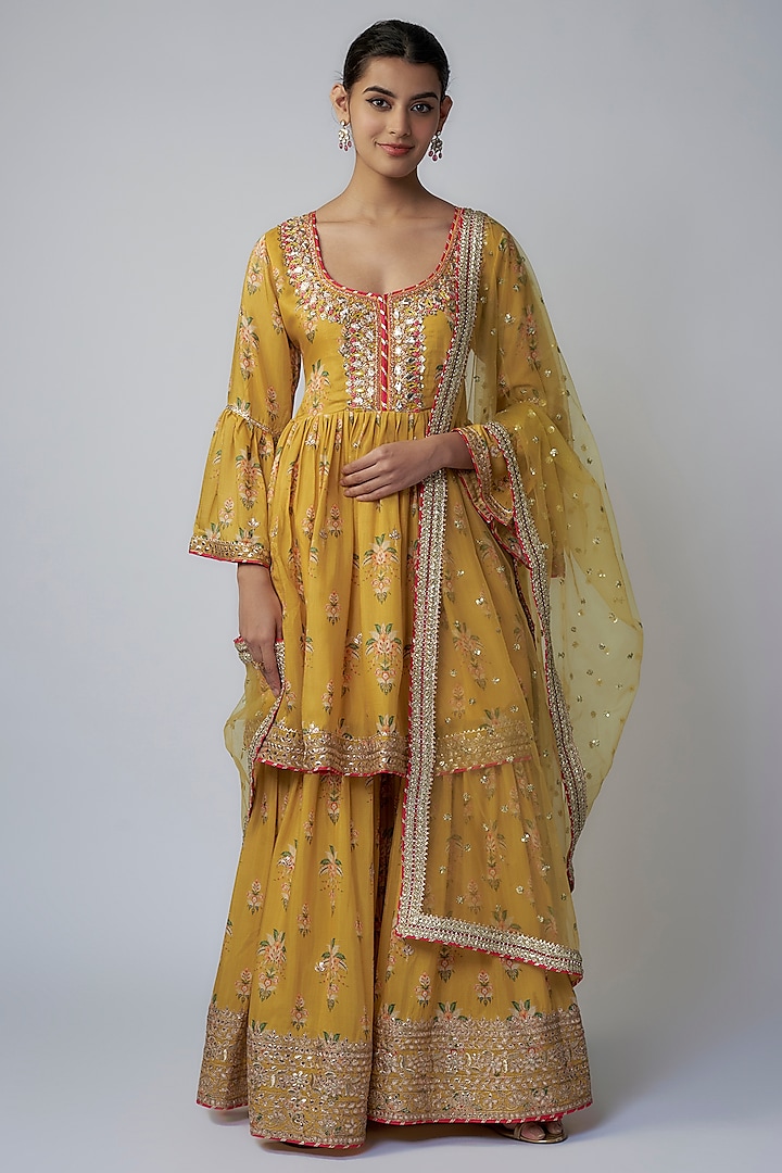 Yellow Cotton Silk Embroidered Sharara Set by GOPI VAID at Pernia's Pop Up Shop