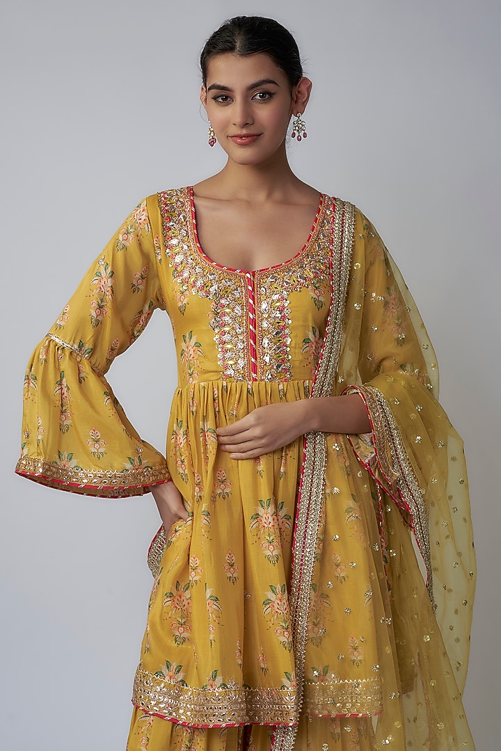 Yellow Cotton Silk Embroidered Wedding Sharara Set by GOPI VAID at Pernia's Pop Up Shop