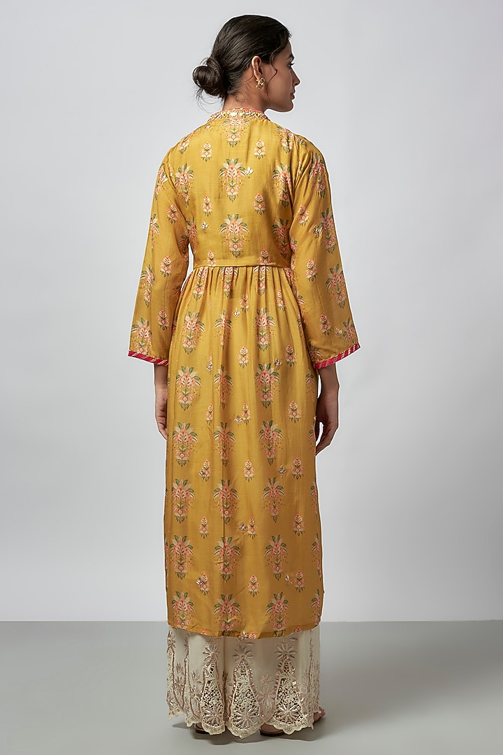 Yellow Cotton Silk Floral Printed Kurta Set by GOPI VAID at Pernia's Pop Up Shop