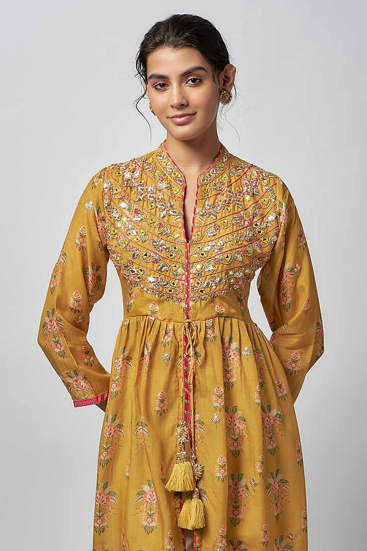 Yellow Cotton Silk Floral Printed Kurta Set by GOPI VAID at Pernia's Pop Up Shop