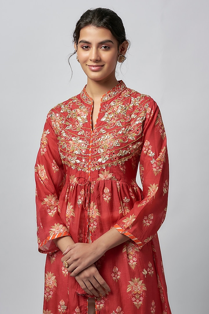 Red Cotton Silk Floral Printed Kurta Set by GOPI VAID at Pernia's Pop Up Shop