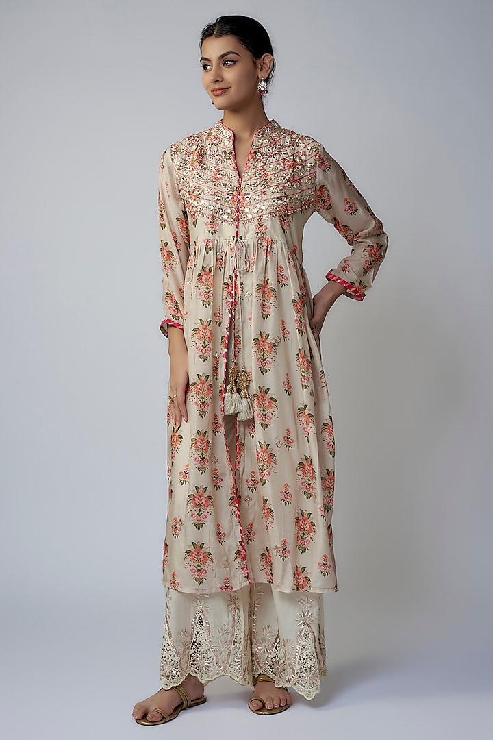 Ivory Cotton Silk Floral Printed & Embroidered Kurta Set by GOPI VAID at Pernia's Pop Up Shop