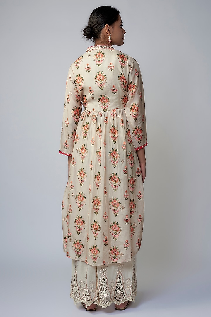 Ivory Cotton Silk Floral Printed & Embroidered Kurta Set by GOPI VAID at Pernia's Pop Up Shop