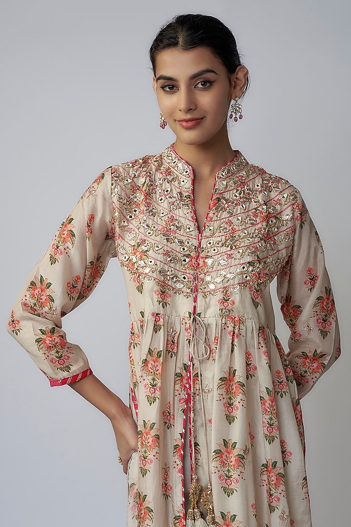 Ivory Cotton Silk Floral Printed & Embroidered Kurta Set by GOPI VAID at Pernia's Pop Up Shop