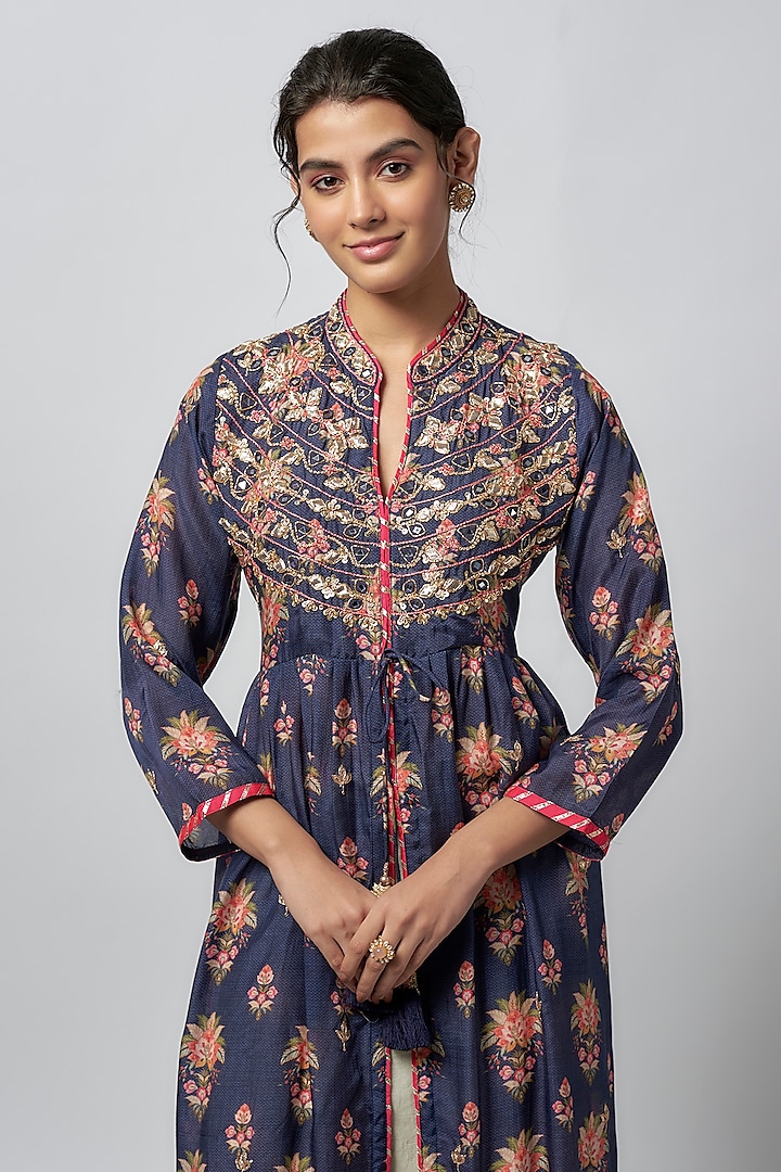 Blue Cotton Silk Floral Printed Kurta Set by GOPI VAID at Pernia's Pop Up Shop