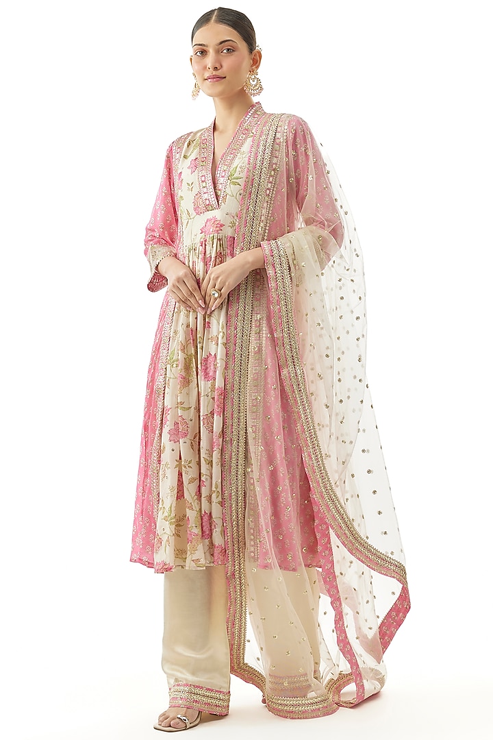 Pink Cotton Silk Floral Printed Party Wear Anarkali Set by GOPI VAID at Pernia's Pop Up Shop