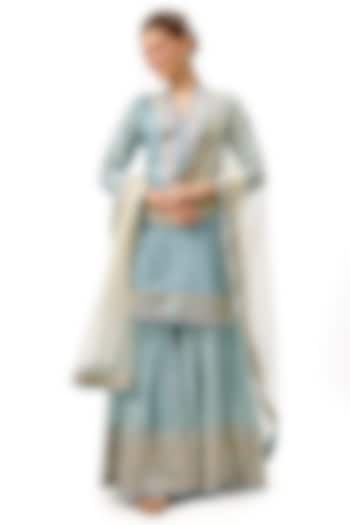 Blue Cotton Silk Printed & Embroidered Flared Wedding Sharara Set by Gopi Vaid at Pernia's Pop Up Shop