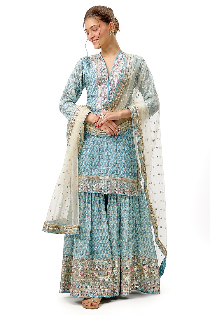 Blue Cotton Silk Printed & Embroidered Flared Wedding Sharara Set by Gopi Vaid at Pernia's Pop Up Shop