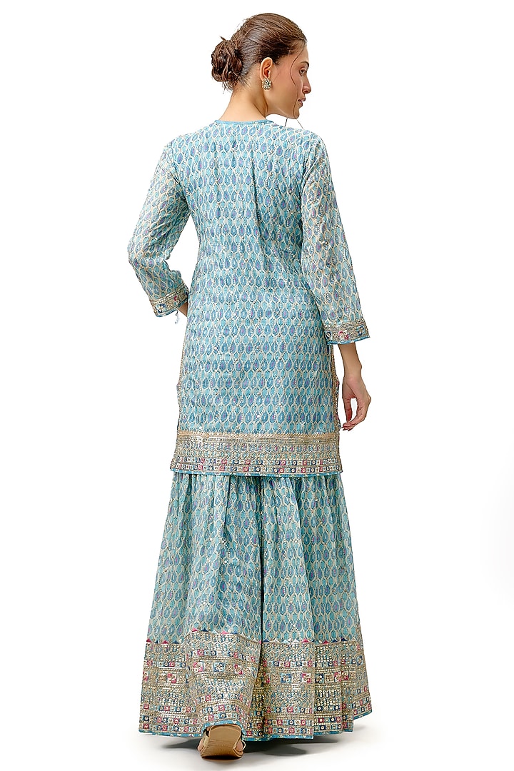 Blue Cotton Silk Printed & Embroidered Flared Wedding Sharara Set by Gopi Vaid at Pernia's Pop Up Shop