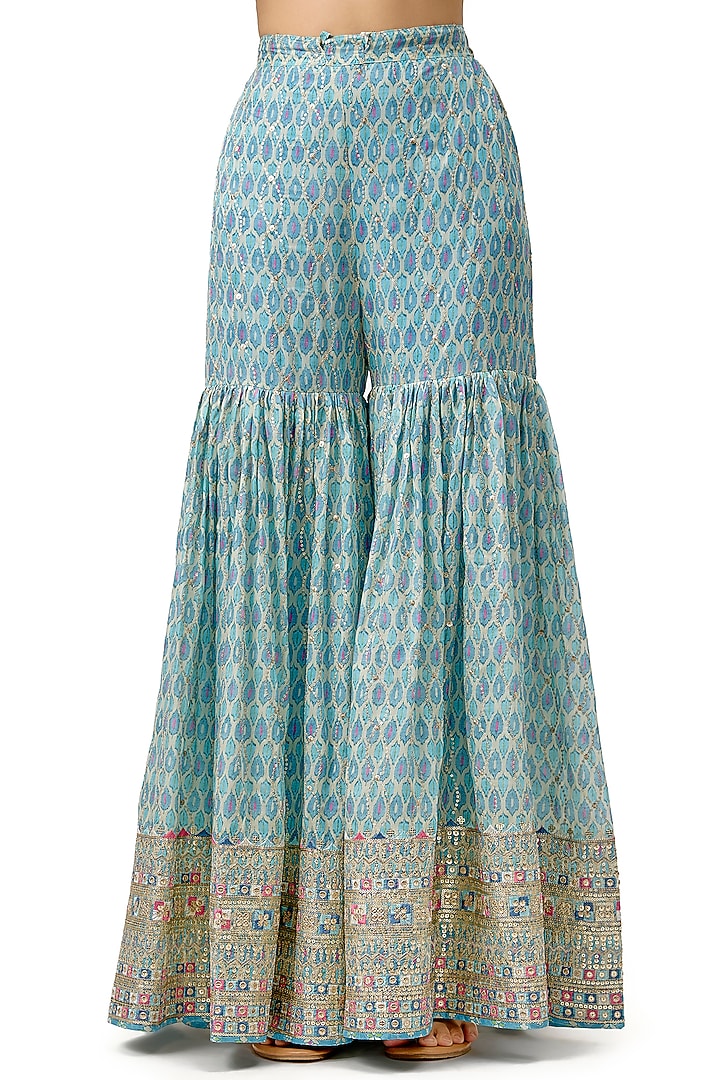 Blue Cotton Silk Printed & Embroidered Flared Wedding Sharara Set by Gopi Vaid at Pernia's Pop Up Shop