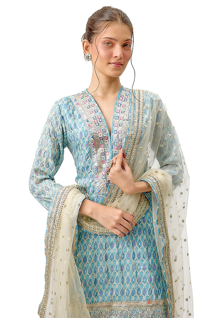 Blue Cotton Silk Printed & Embroidered Flared Wedding Sharara Set by Gopi Vaid at Pernia's Pop Up Shop