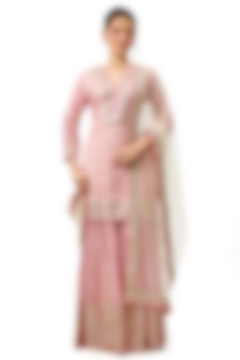 Pink Cotton Silk Printed & Embroidered Flared Wedding Sharara Set by Gopi Vaid at Pernia's Pop Up Shop