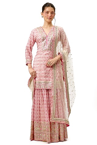 Pink Cotton Silk Printed & Embroidered Flared Sharara Set by Gopi Vaid
