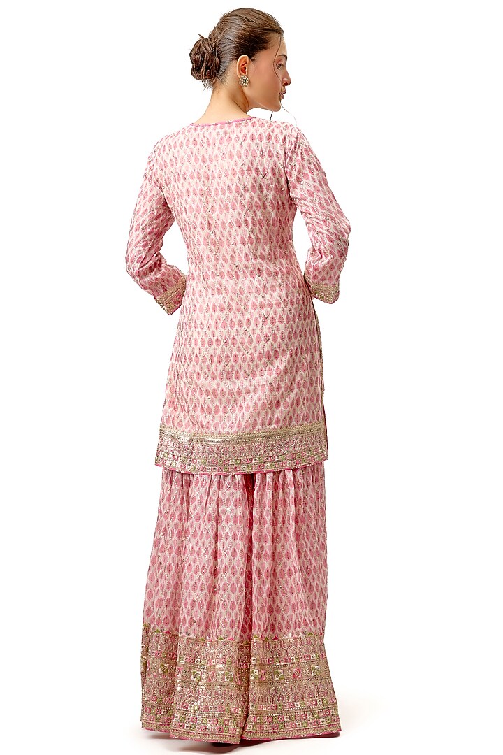 Pink Cotton Silk Printed & Embroidered Flared Wedding Sharara Set by Gopi Vaid at Pernia's Pop Up Shop