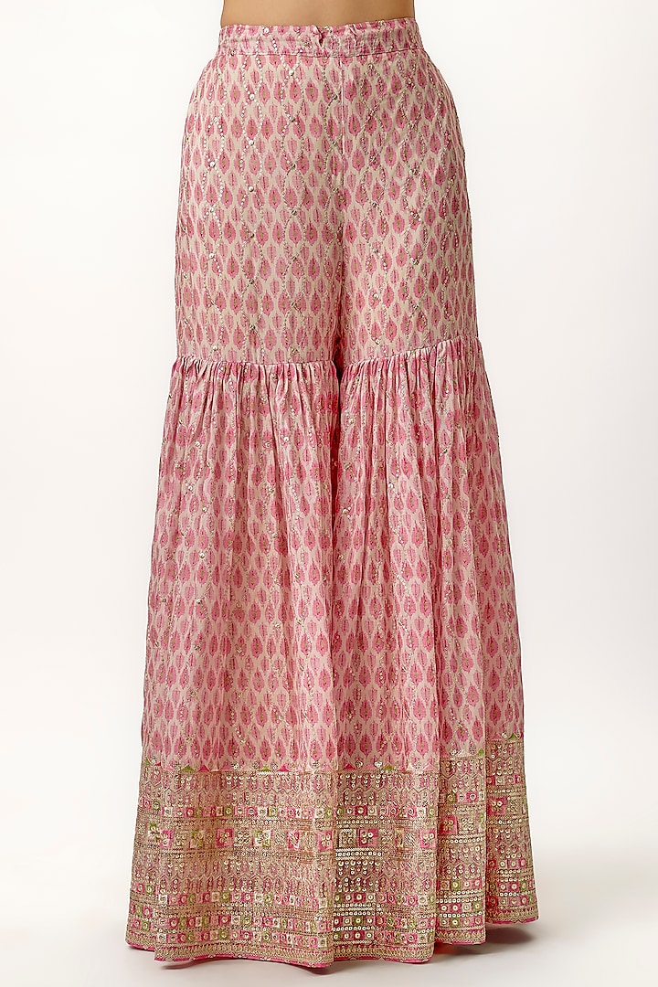 Pink Cotton Silk Printed & Embroidered Flared Wedding Sharara Set by Gopi Vaid at Pernia's Pop Up Shop