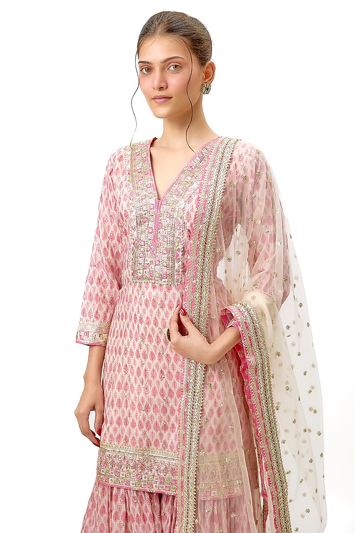 Pink Cotton Silk Printed & Embroidered Flared Wedding Sharara Set by Gopi Vaid at Pernia's Pop Up Shop