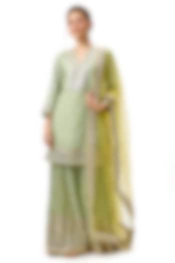 Yellow Cotton Silk Printed & Embroidered Flared Wedding Sharara Set by Gopi Vaid at Pernia's Pop Up Shop