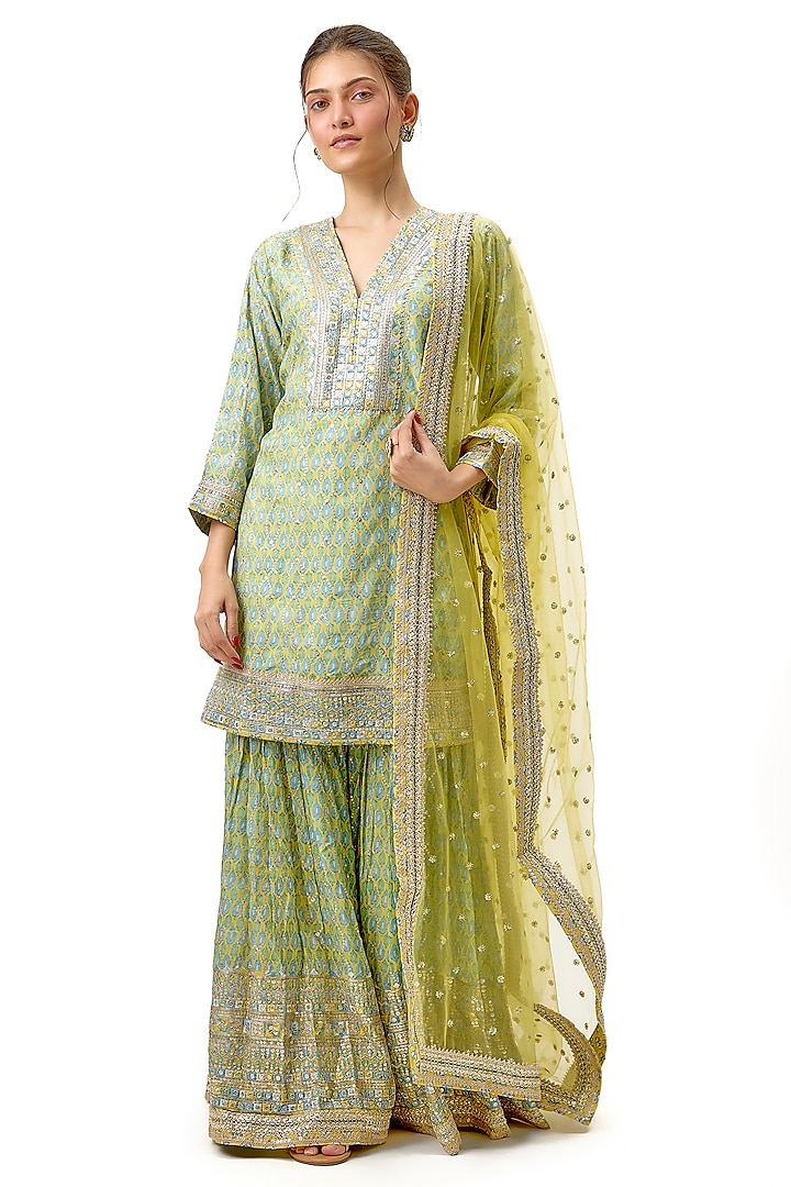 Yellow Cotton Silk Printed & Embroidered Flared Wedding Sharara Set by Gopi Vaid at Pernia's Pop Up Shop