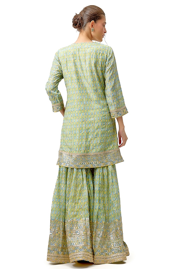 Yellow Cotton Silk Printed & Embroidered Flared Wedding Sharara Set by Gopi Vaid at Pernia's Pop Up Shop