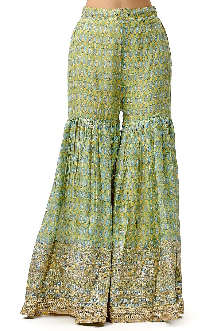 Yellow Cotton Silk Printed & Embroidered Flared Wedding Sharara Set by Gopi Vaid at Pernia's Pop Up Shop