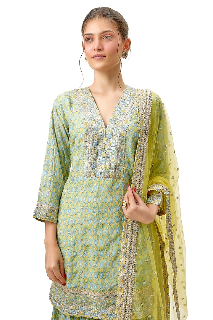 Yellow Cotton Silk Printed & Embroidered Flared Wedding Sharara Set by Gopi Vaid at Pernia's Pop Up Shop